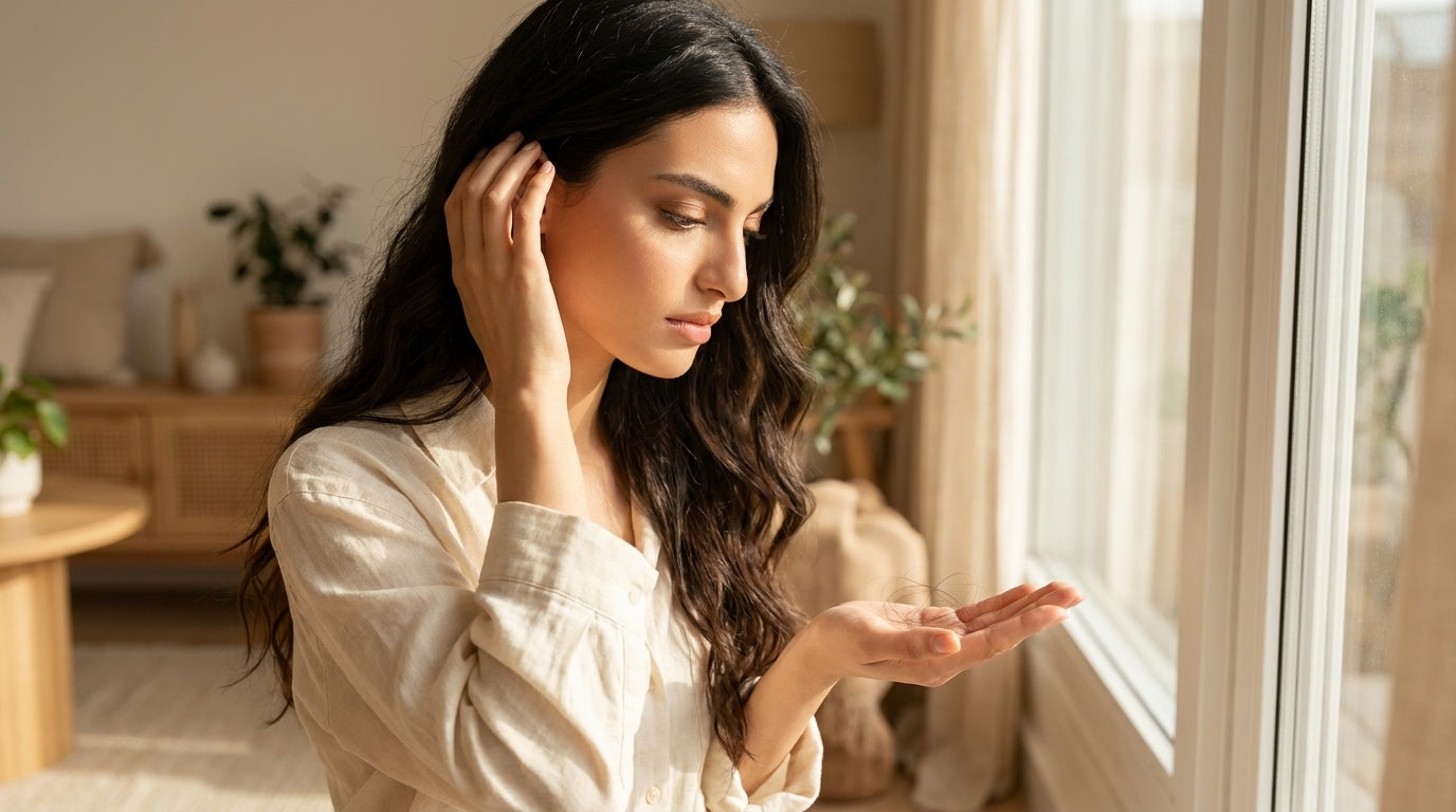 Woman inspecting shed hair strands in her palm — types of hair loss