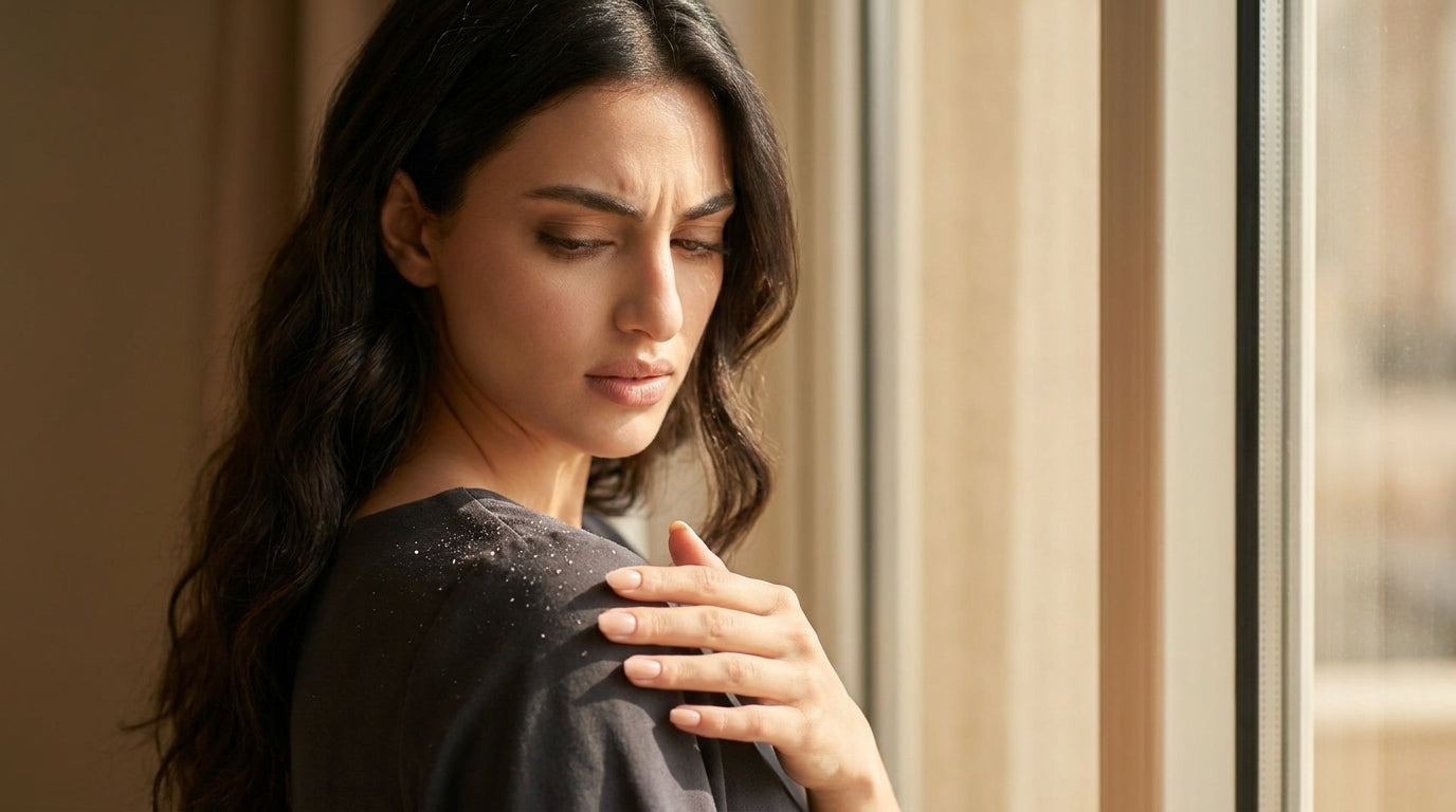Dandruff flakes on a dark shoulder being brushed away — causes of dandruff