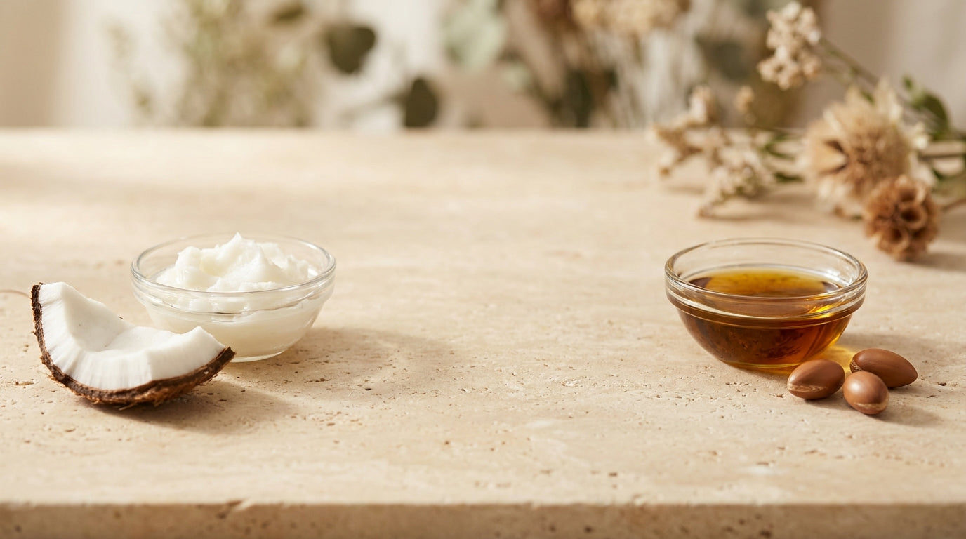 Coconut oil and argan oil side by side — penetrating vs coating hair oils