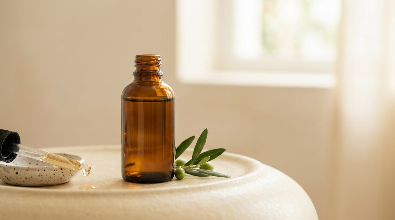 Amber dropper serum bottle with olive sprig — can a hair serum feed the follicle