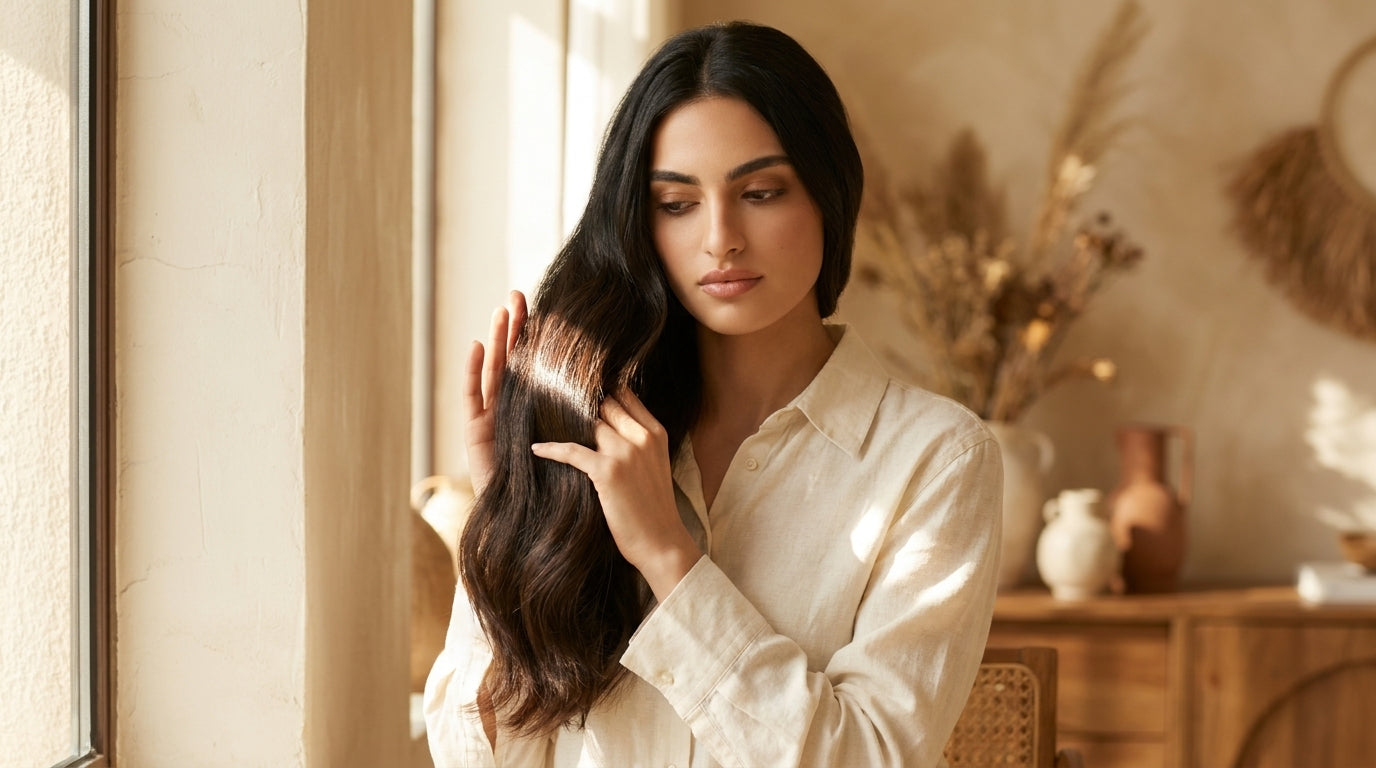 Woman gathering a glossy strong lock of hair — keratin and collagen for hair