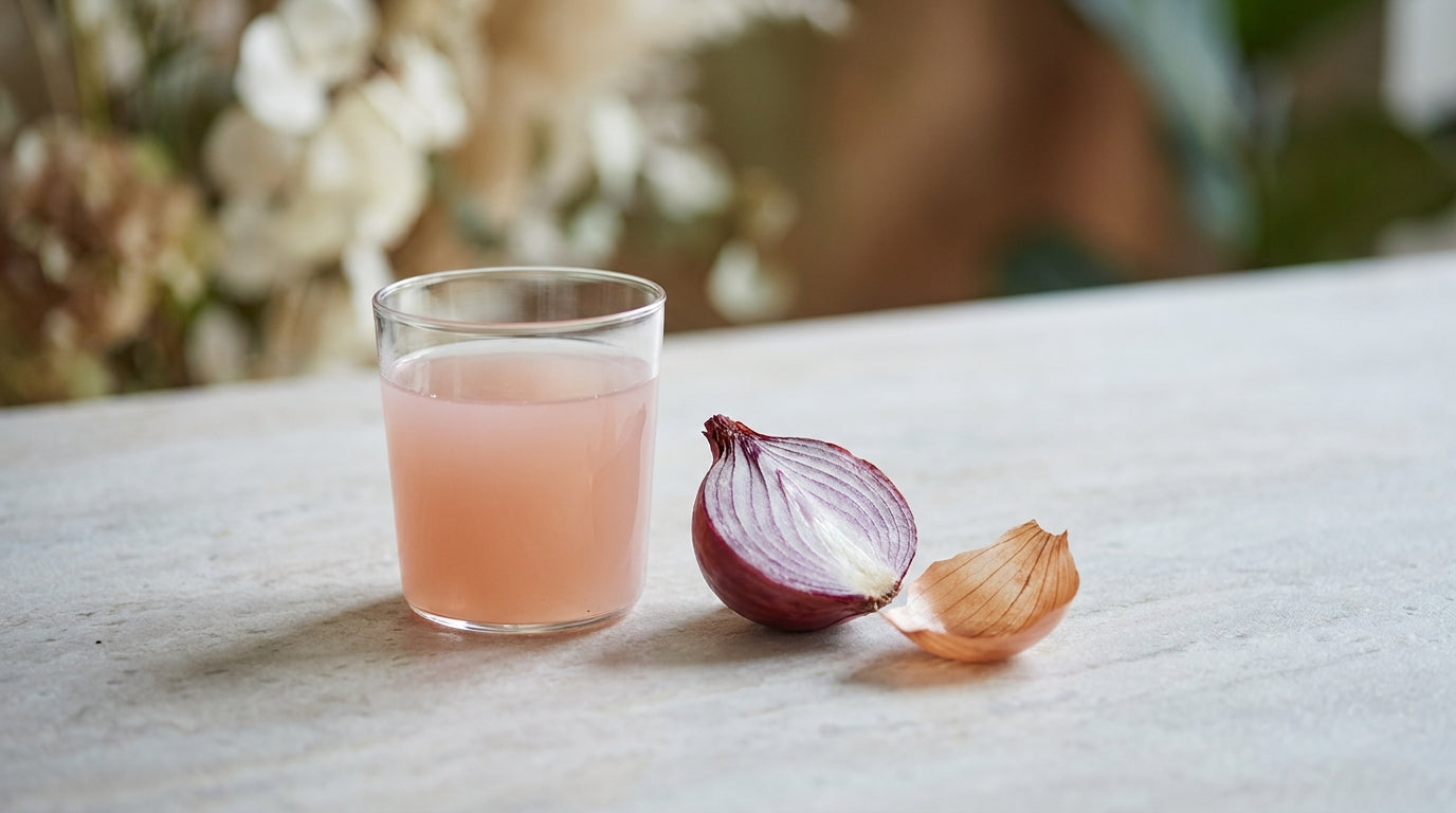 A glass of fresh onion juice beside a halved red onion — onion juice for hair