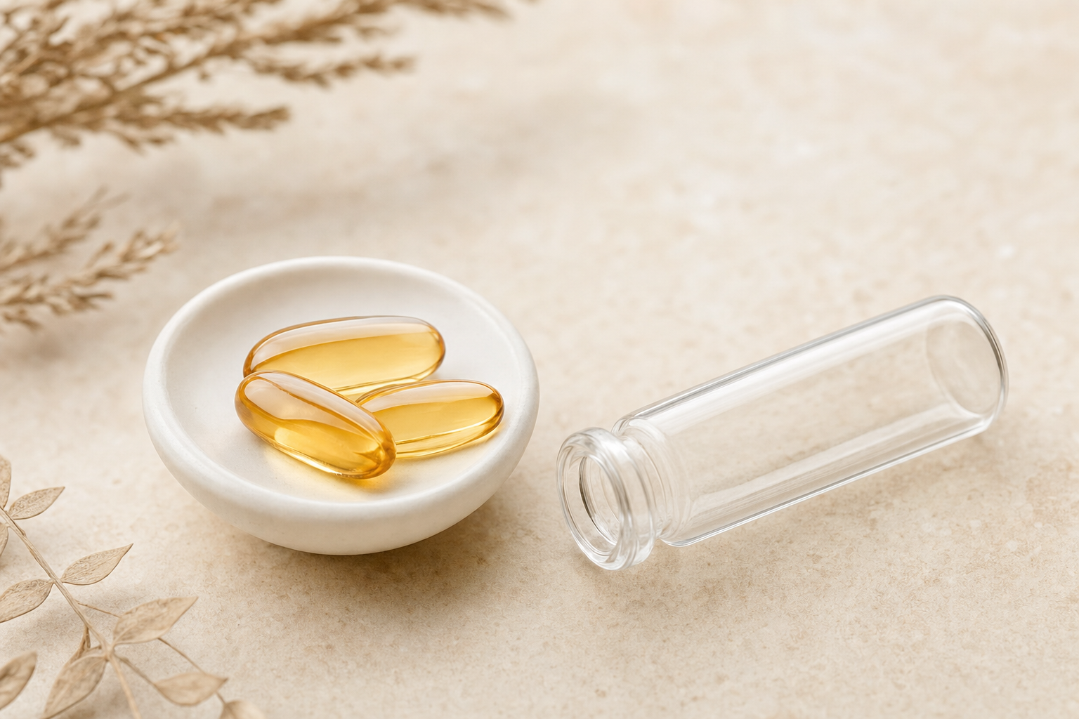 Biotin softgels beside an empty lab vial — hair vitamins and blood tests