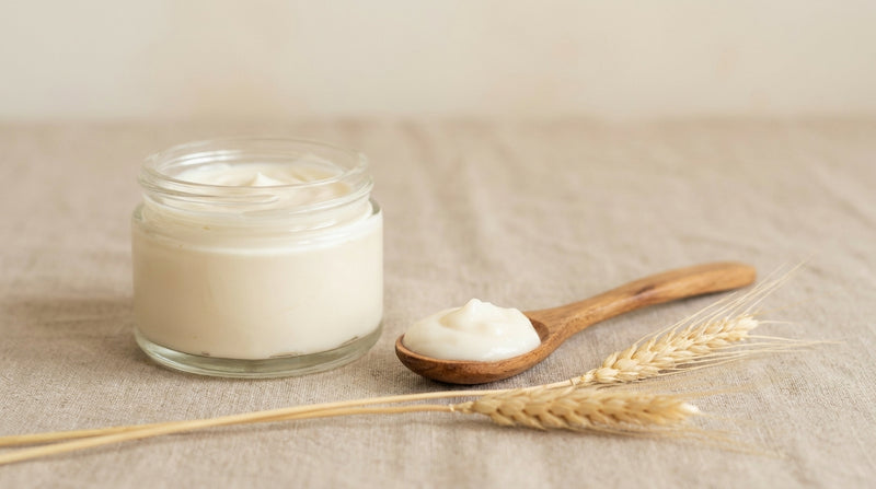 Protein hair mask jar with spoon and wheat stalks — hair protein treatment