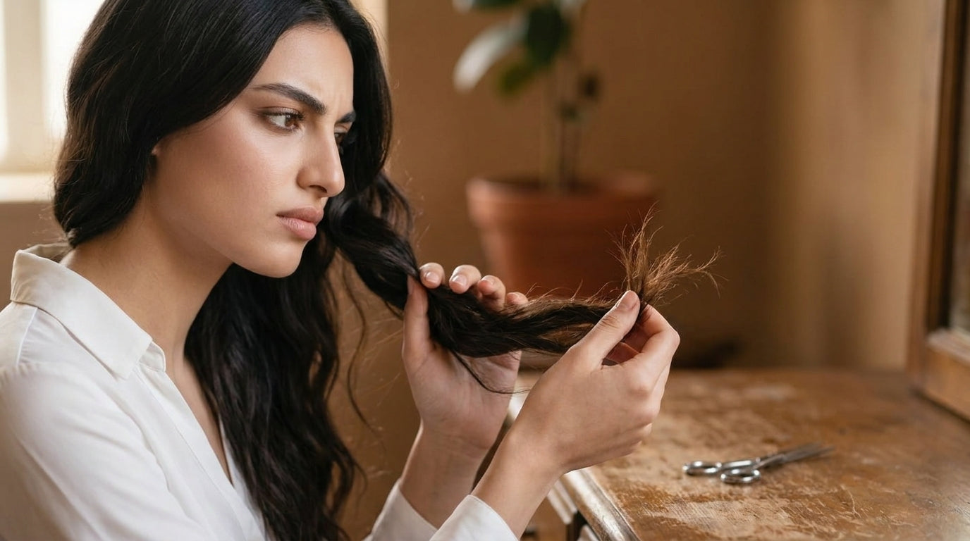 Woman examining frayed split ends near window light — split ends treatment
