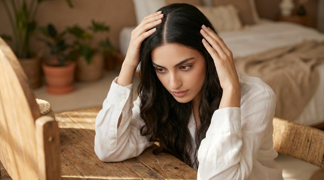 Woman examining a widening hair parting — hereditary hair loss