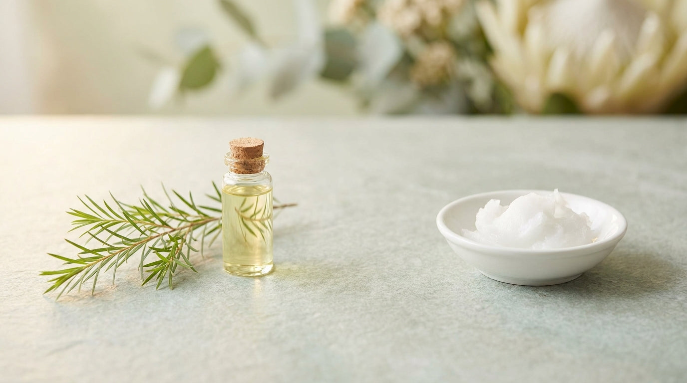 Tea tree sprig and oil vial apart from solid coconut oil — oils for dandruff