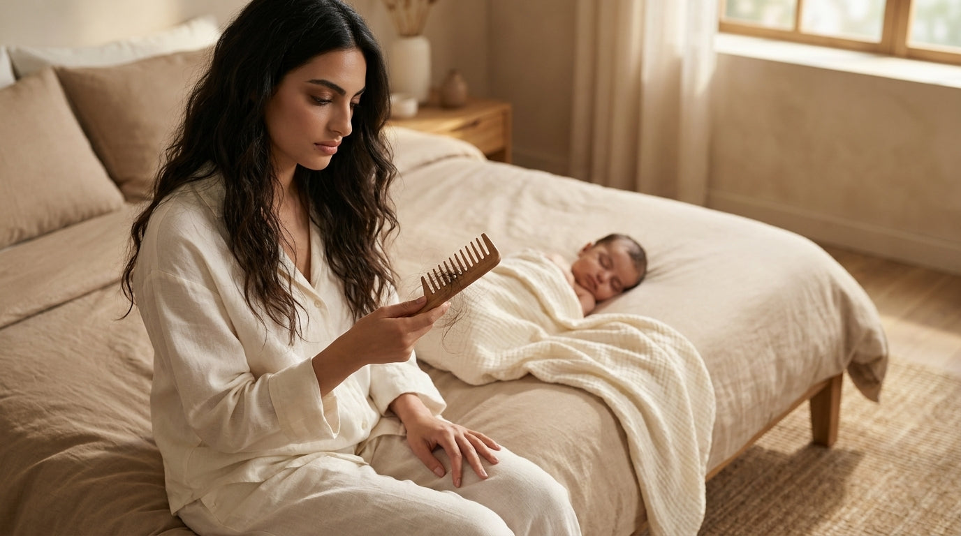 New mother checking shed hair in a comb beside her sleeping newborn — postpartum hair loss
