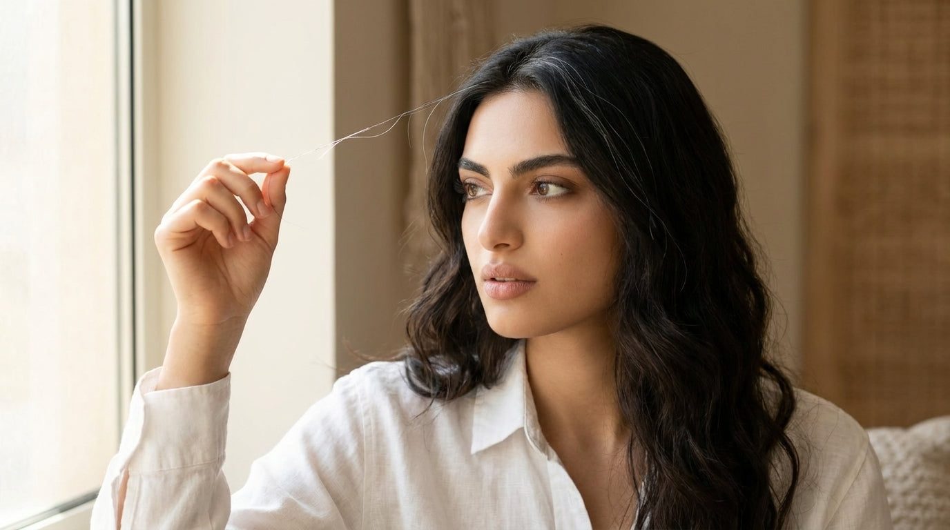 Woman holding a single silver strand up to window light — premature gray hair