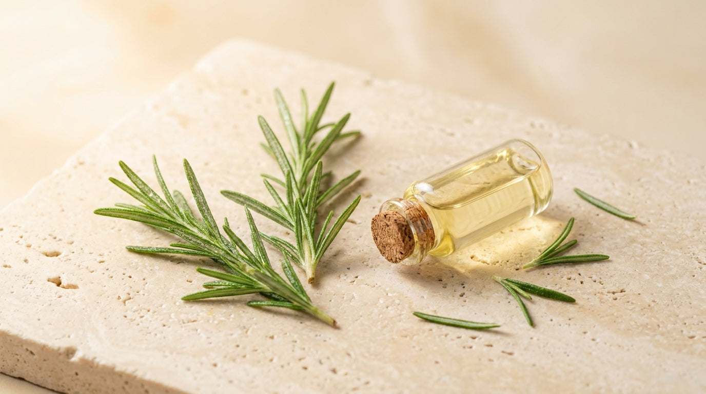 Fresh rosemary sprigs and a vial of rosemary oil on warm travertine — rosemary oil for hair