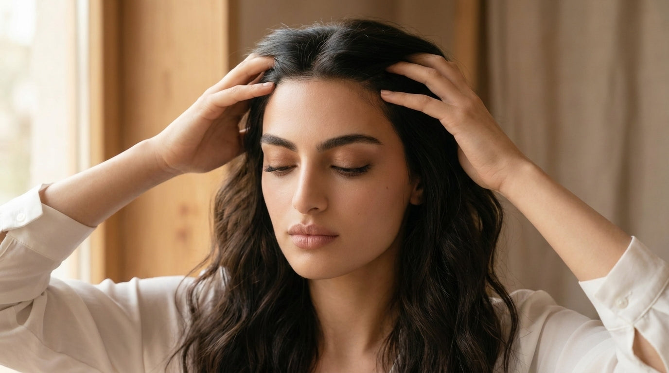 Fingertips massaging the scalp at the hairline — scalp massage for hair growth